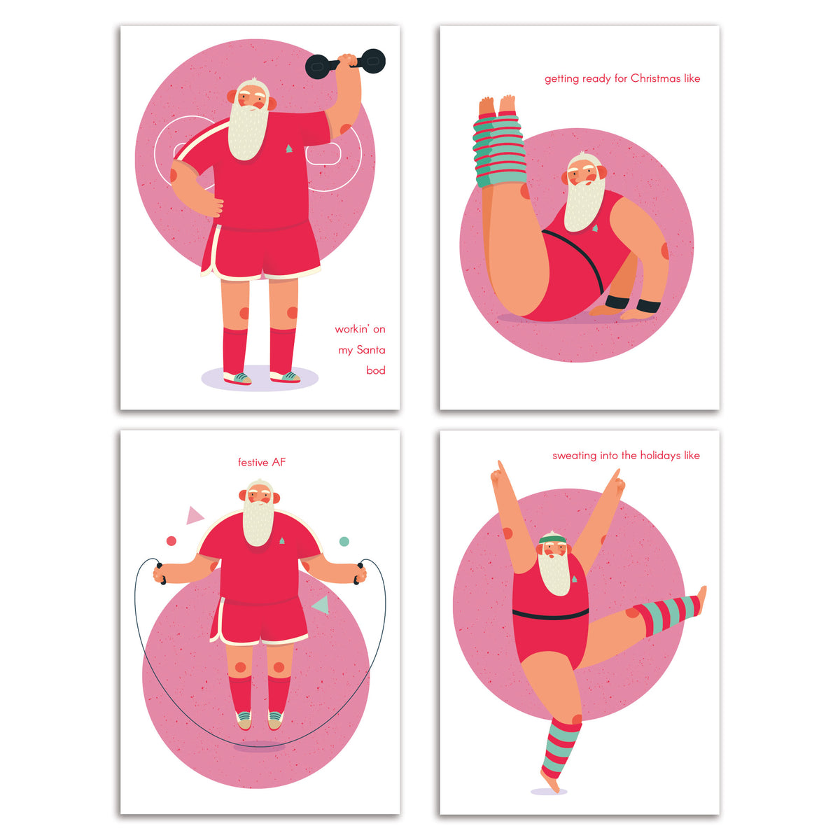 Workout Santa Christmas Cards, boxed set of 24 with four exercise designs, 6 cards each.
