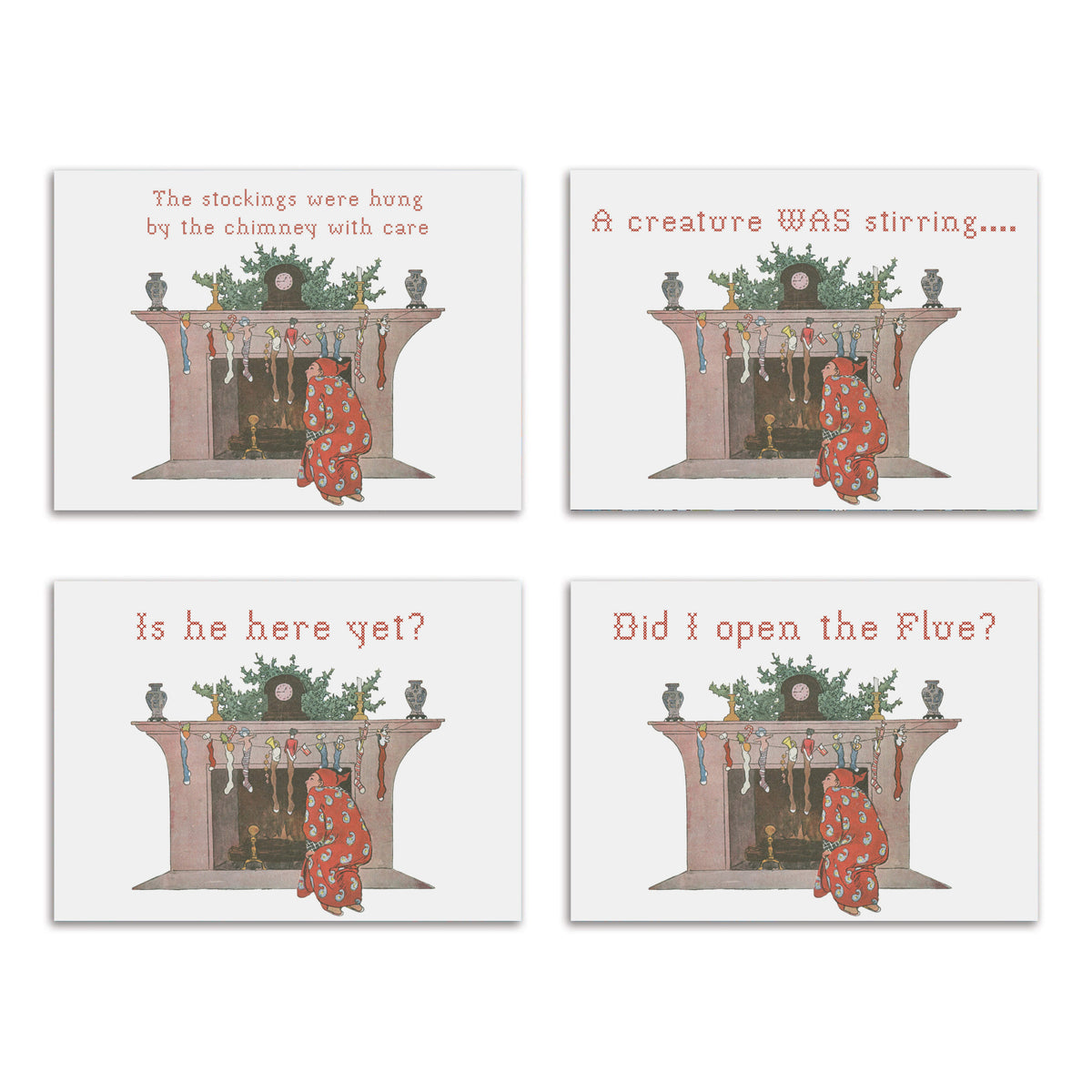Set of 24 Christmas cards in four designs, each showing a child kneeling at a fireplace with hanging stockings.