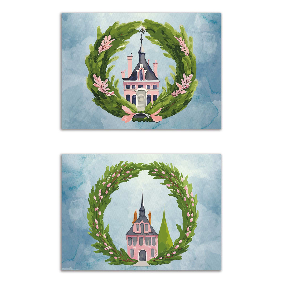 Set of 24 Christmas cards featuring two watercolor designs of a pink mansion inside an evergreen wreath.