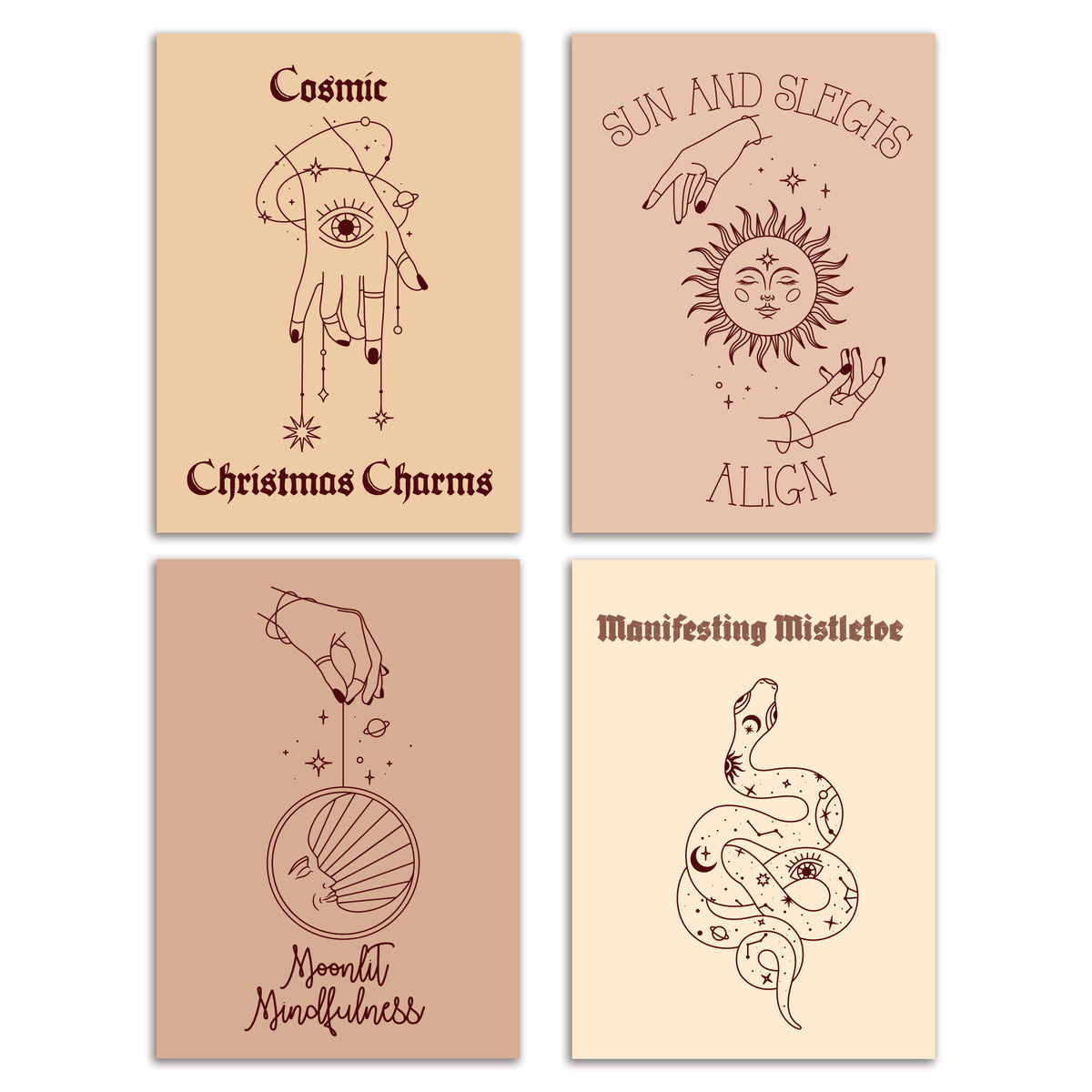 Celestial Christmas Card Set of 24 holiday notecards with four mystical line-art designs in beige, blush, and cream.