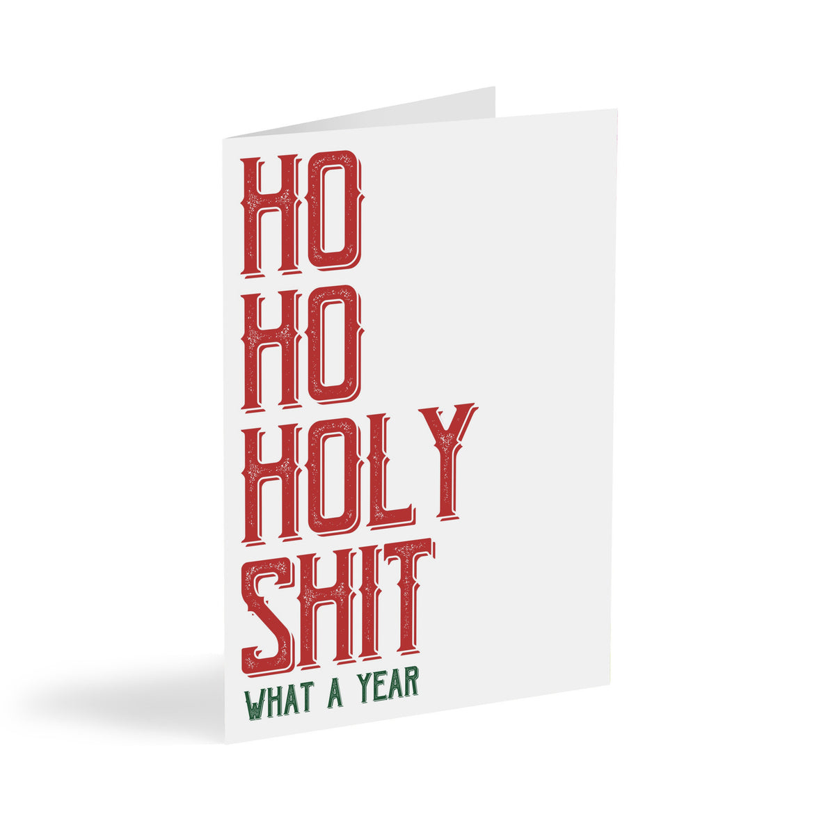 Boxed set of 24 Christmas cards reading "Ho Ho Holy Shit / What A Year" in red and green type.