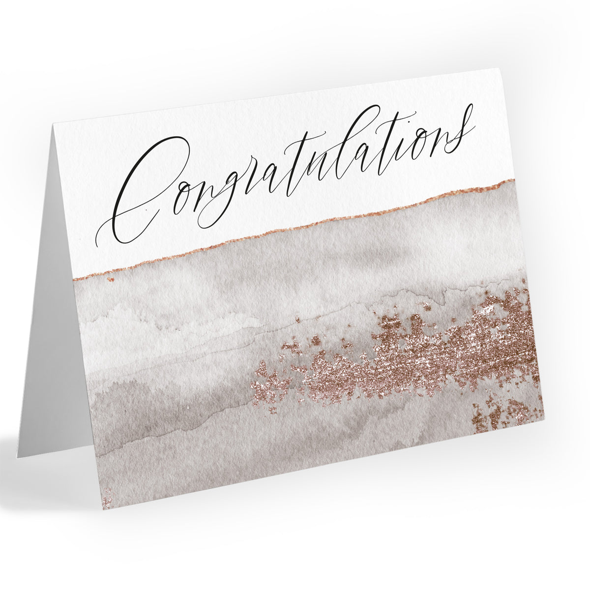 Set of 24 congratulations cards with calligraphy script text and abstract watercolor-style background in rose gold and gray.