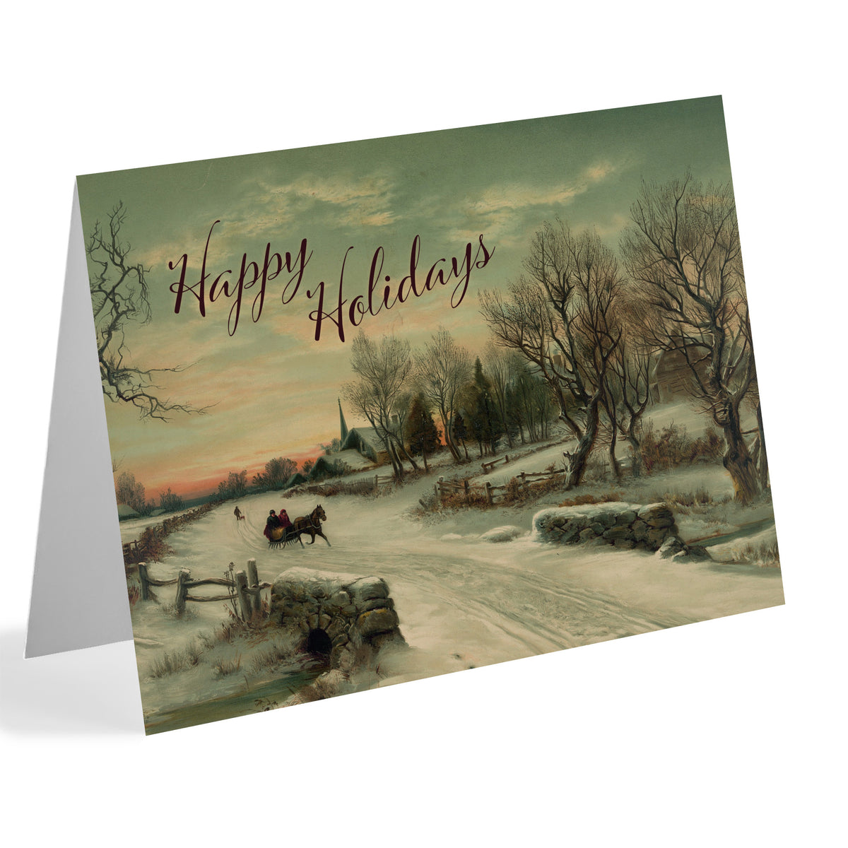 Winter Road Happy Holidays Card Set, 24 cards, chromolithograph-style winter landscape with horse-drawn sleigh.