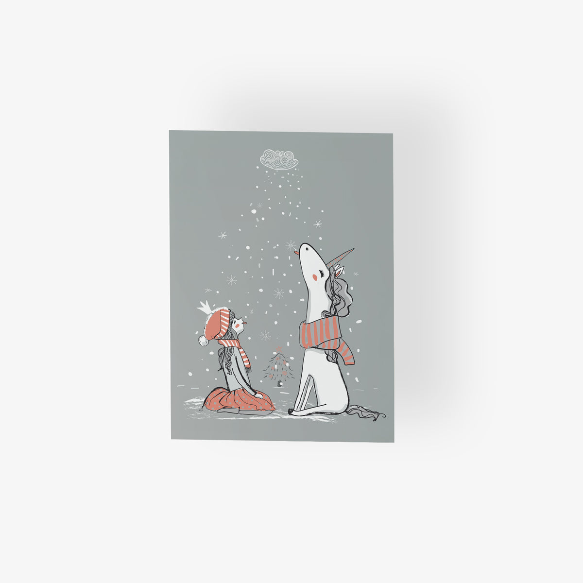 Girl and unicorn winter greeting cards, 24 count, one design, line art on gray background.