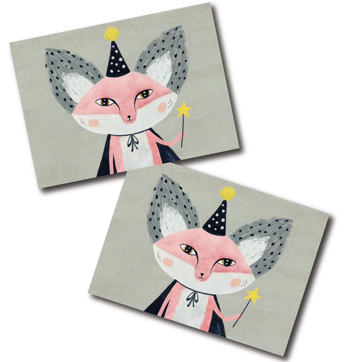 Fox Wizard Party Cards, set of 24, featuring a watercolor-style fox in a navy party hat holding a star wand.