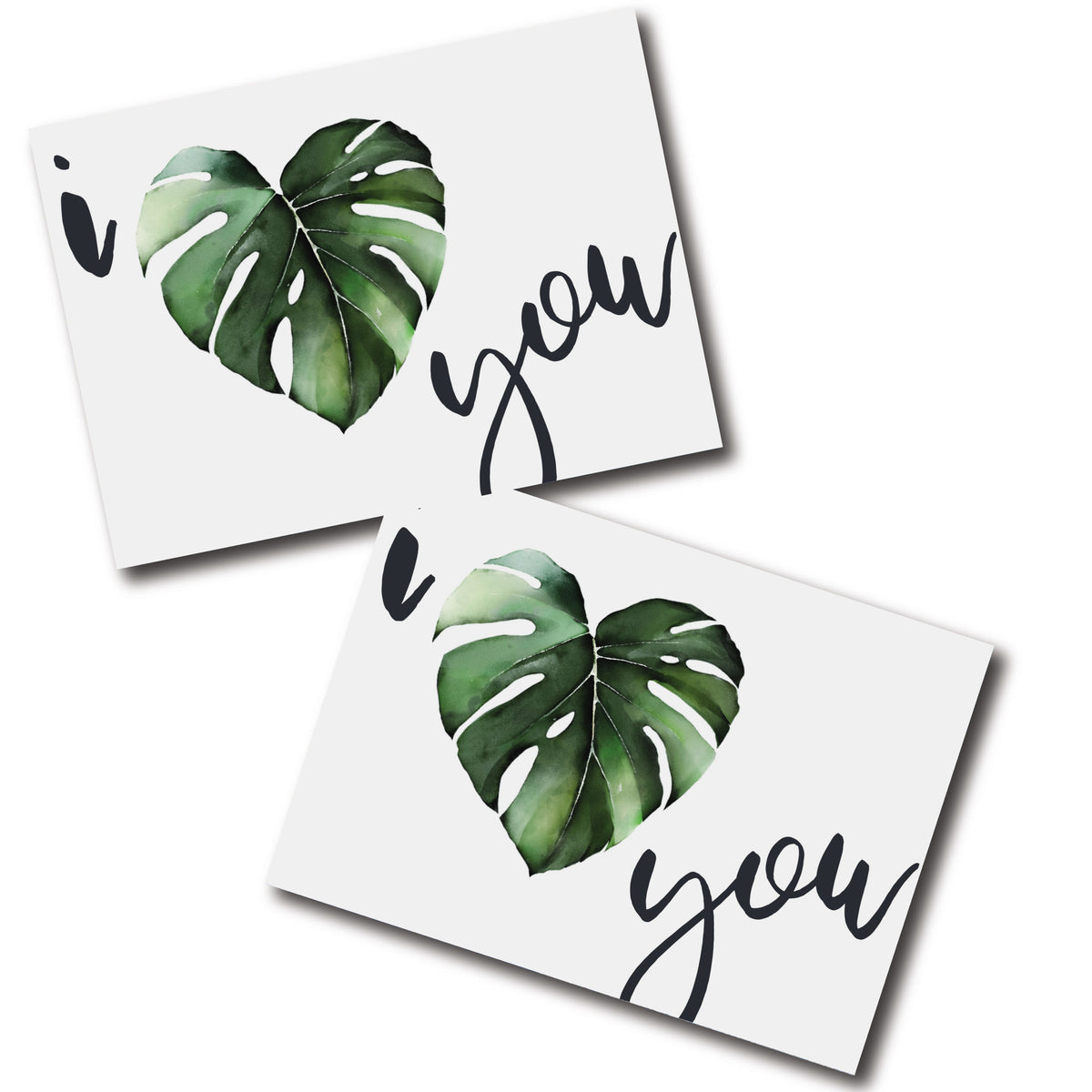 Set of 24 cards with a heart-shaped green monstera leaf illustration between handwritten-style "i" and "you" text.