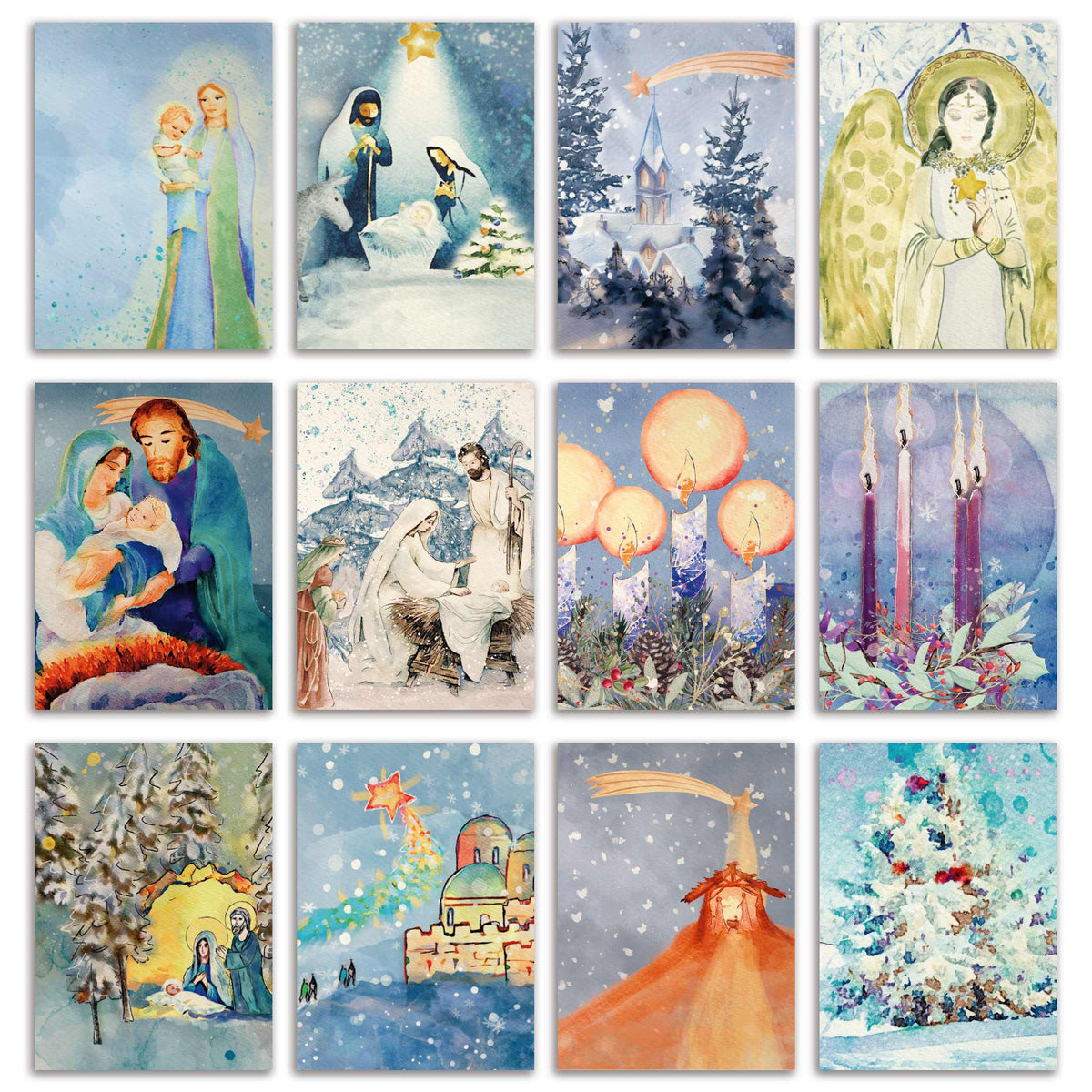 Boxed set of 24 watercolor nativity Christmas cards in 12 rotating designs.