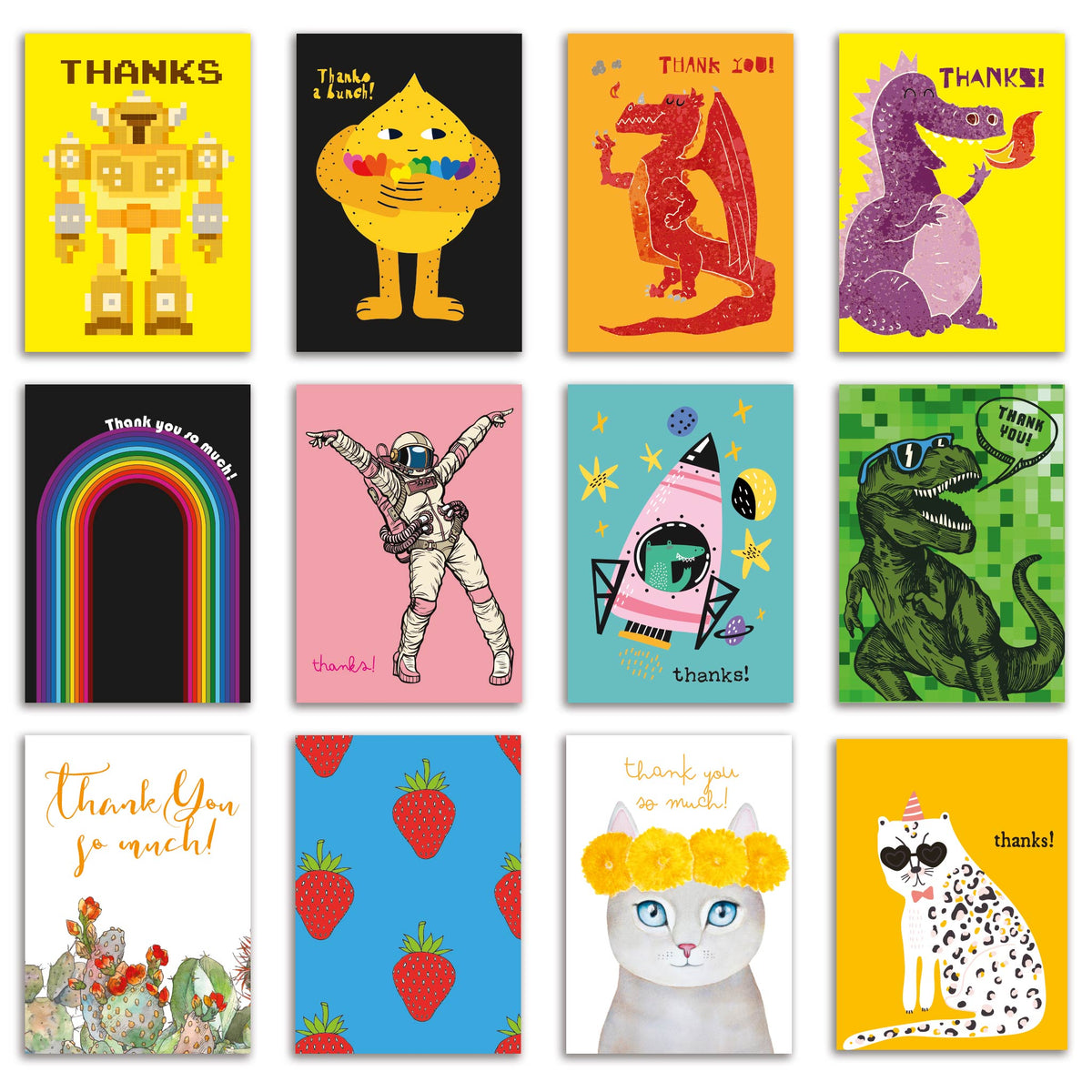 Boxed set of 24 thank-you cards in 12 illustrated designs featuring characters, creatures, and patterns.