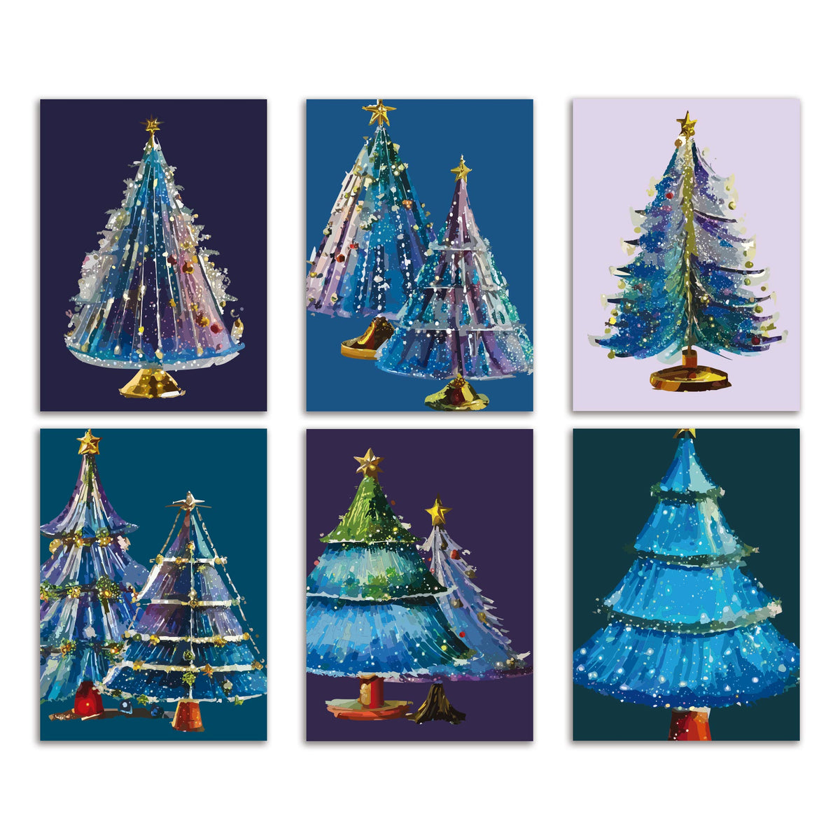Retro Blue Glass Christmas Tree Greeting Cards, Set of 24