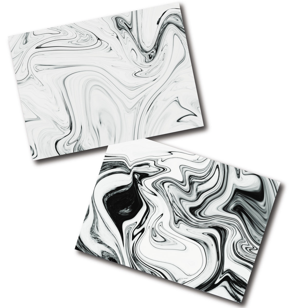 Black and white marble-style note cards, set of 24 in two ebru-patterned designs, landscape orientation.