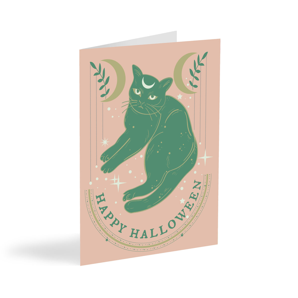 Halloween cat greeting card set of 24 with muted peach background and green illustrated cat design.