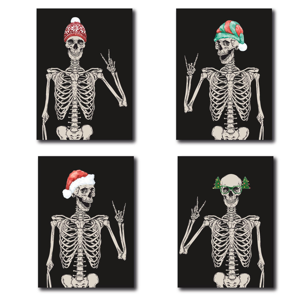 Skeleton Christmas Cards set of 24 with four illustrated holiday skeleton designs on black card fronts.