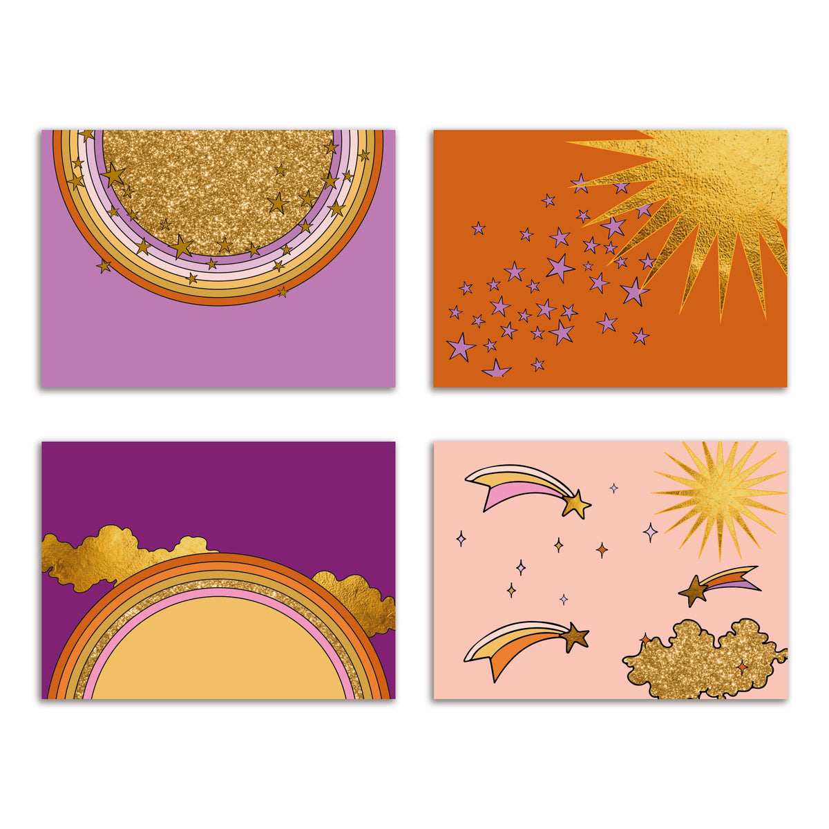 Celestial Boho Card Set of 24 blank notecards with gold-colored stars, suns, rainbows, and clouds on colorful backgrounds.