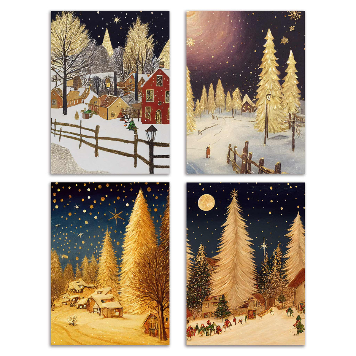 Boxed set of 24 Christmas cards in four gold and navy illustrated night scene designs.