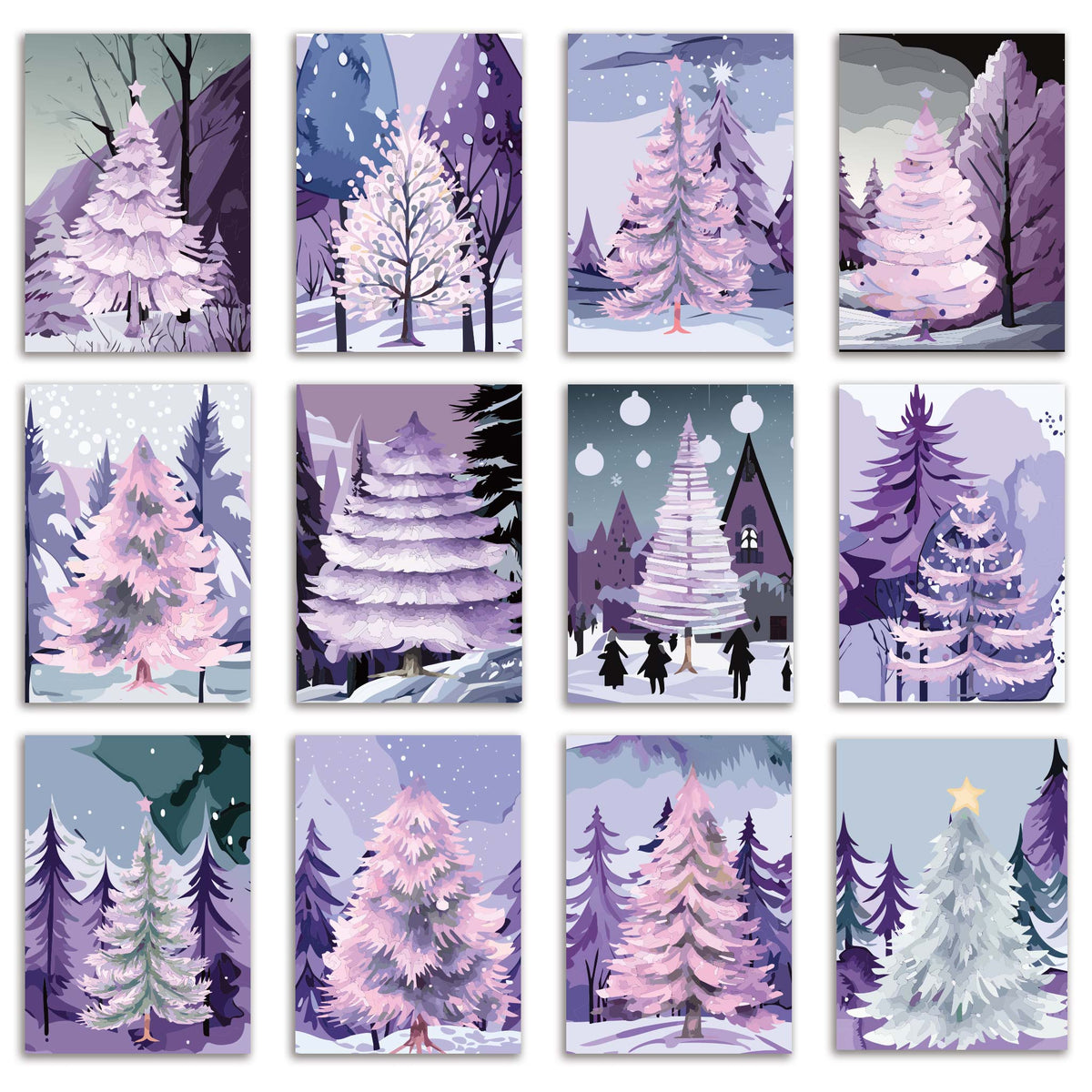 Purple Christmas card set with 24 cards across 12 illustration designs, two of each.