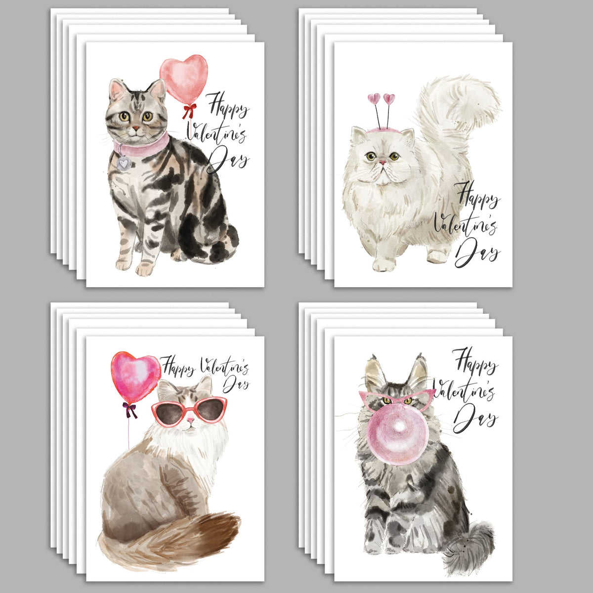 Valentine's Day Cat Greeting Cards, Set of 24