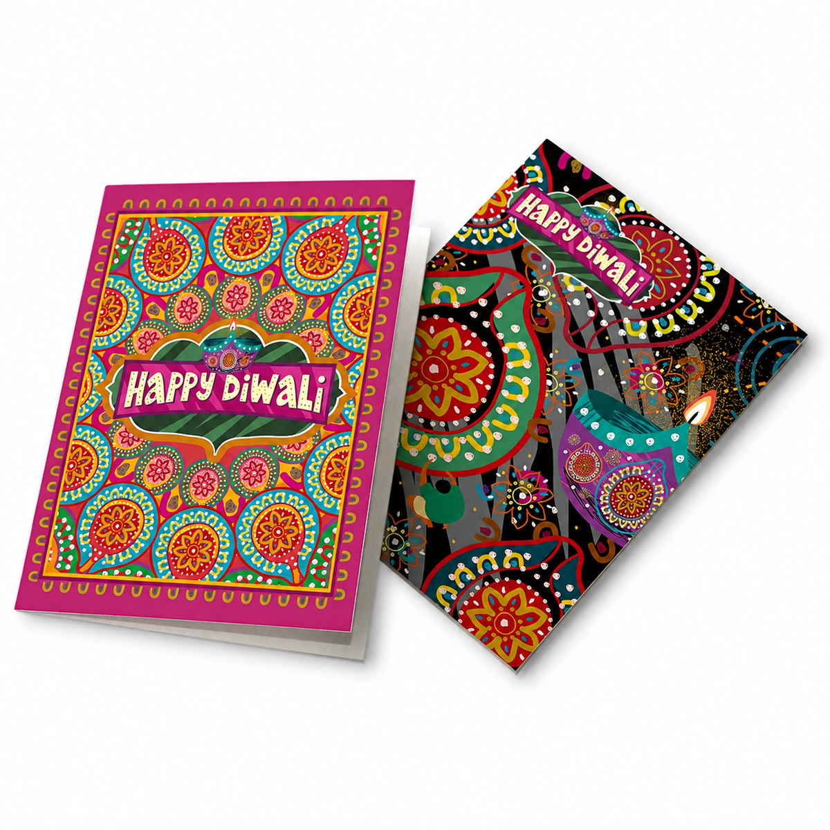 Happy Diwali card set of 24 with mandala and diya graphics in magenta, yellow, teal, and orange.