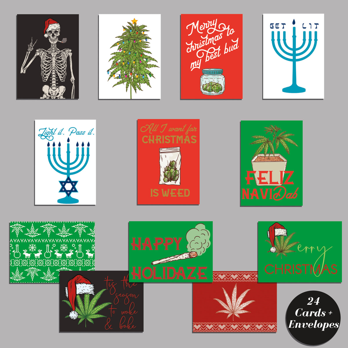 Set of 24 cannabis-themed holiday greeting cards, 12 designs, 2 of each, with envelopes.