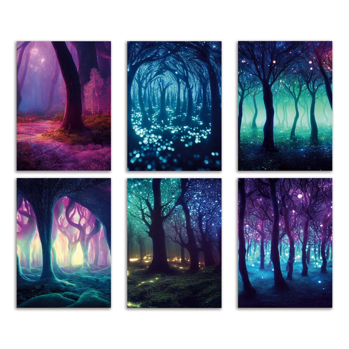 Enchanted Forest Cards set of 24, six digital painting-style fantasy forest designs in jewel-tone palettes.