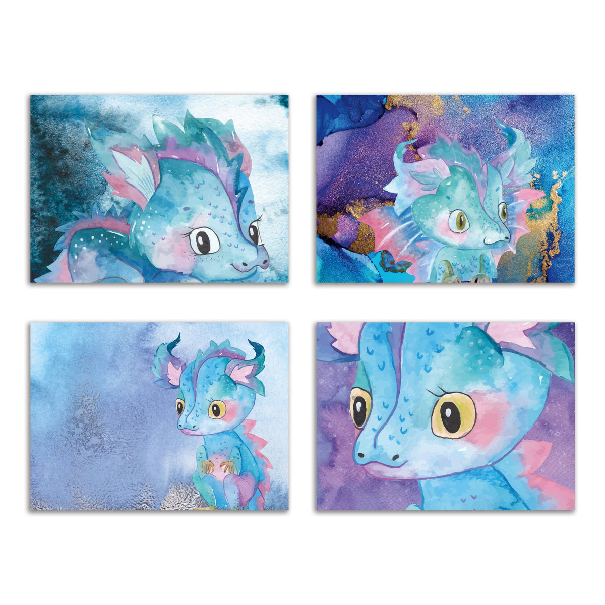 Watercolor dragon greeting card set, 24 folded cards with illustrated dragon designs in blue, pink, and purple.
