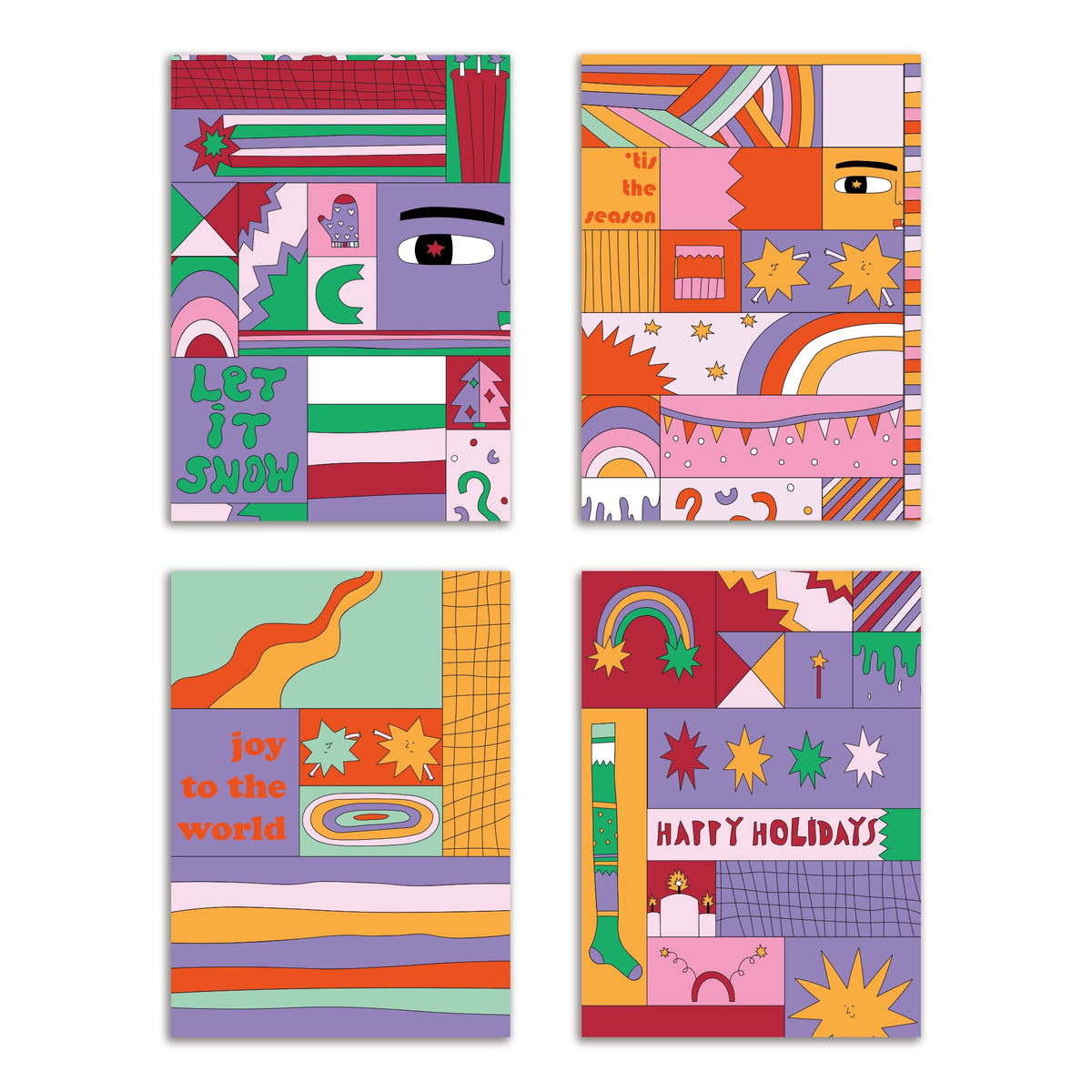 Eclectic Holiday Card Set of 24 folded cards in four bold patchwork-grid designs with holiday phrases.