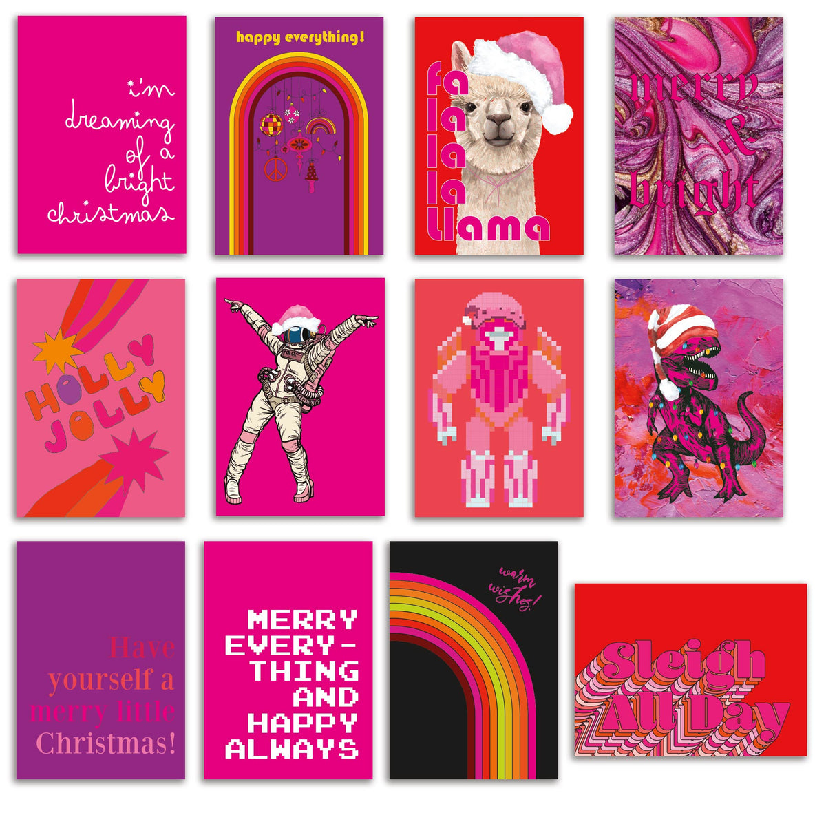 Set of 24 folded Christmas cards in 12 designs on pink, magenta, red, purple, and black backgrounds.
