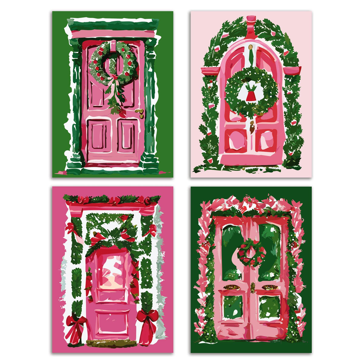 Pink Christmas door cards, set of 24, four designs featuring pink front doors with wreaths and garland on colored backgrounds