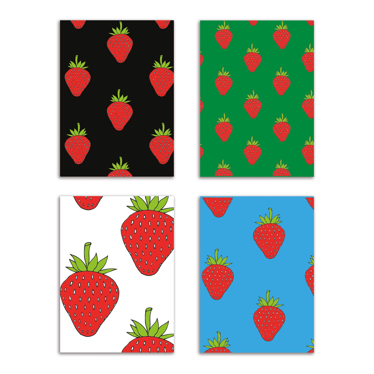 Illustrated strawberry notecard set of 24 cards with colorful patterned backgrounds.