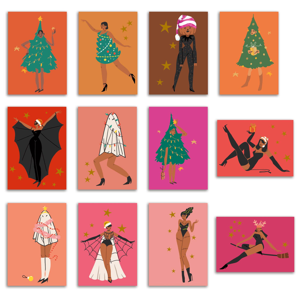 Set of 24 flat-illustration holiday cards featuring 12 Christmas and Halloween pin-up designs, two of each.