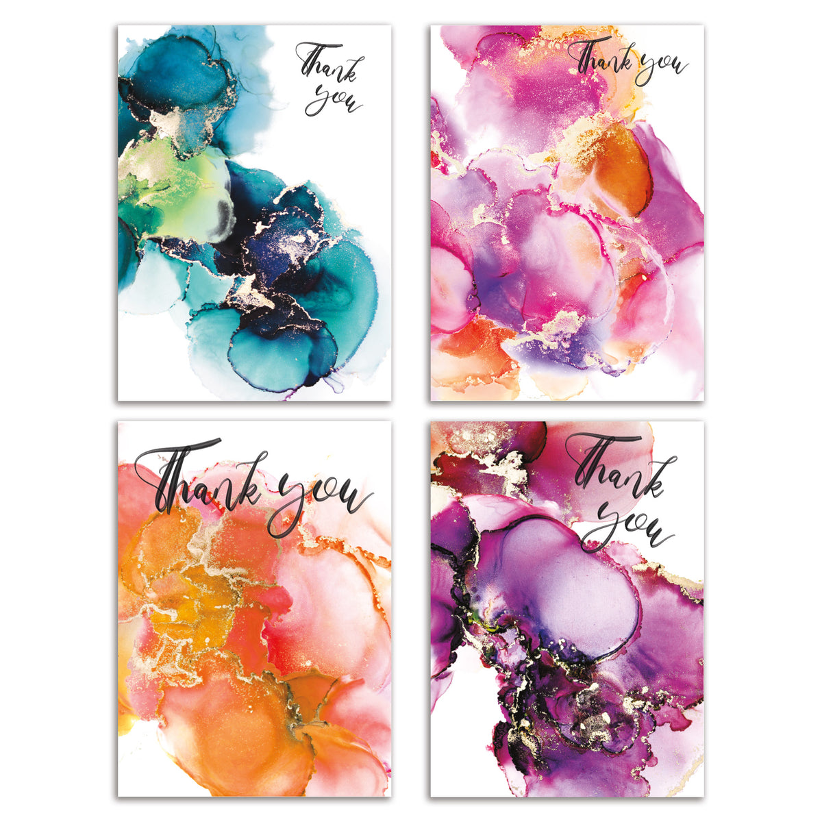 Abstract Thank You cards, set of 24, four alcohol-ink-style fluid designs in teal, pink, orange, and purple.