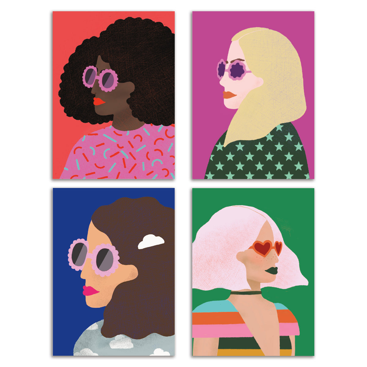 Girlfriends Card Set of 24 cards with four illustrated women in decorative sunglasses on bold solid backgrounds.