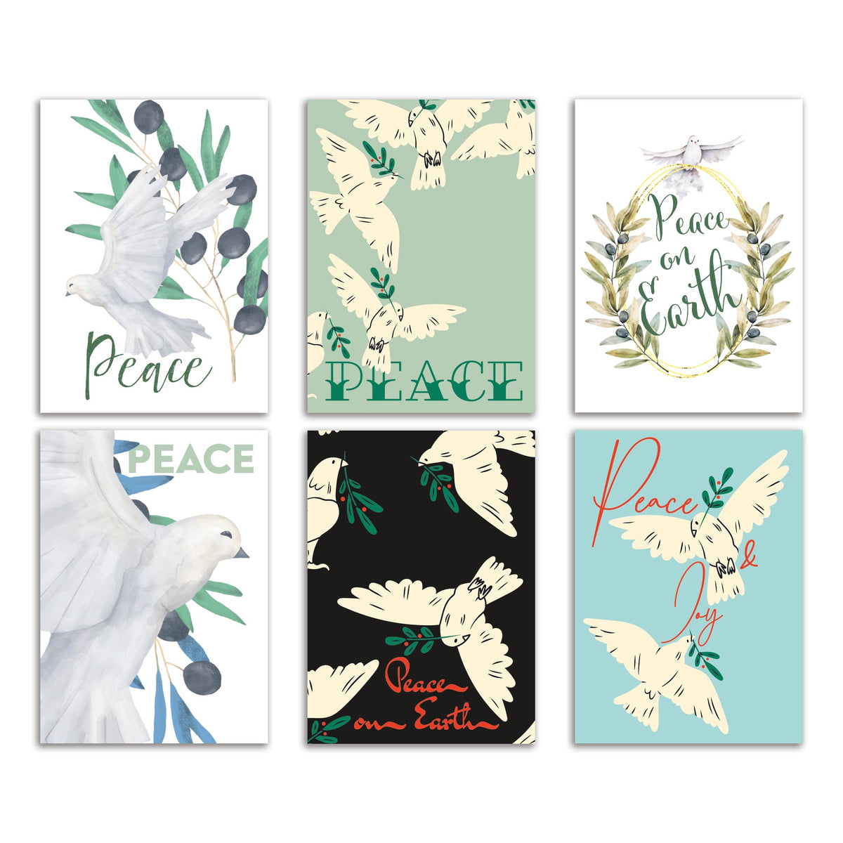 Peace on Earth Holiday Cards, set of 24 with 6 watercolor and flat-illustration dove designs.