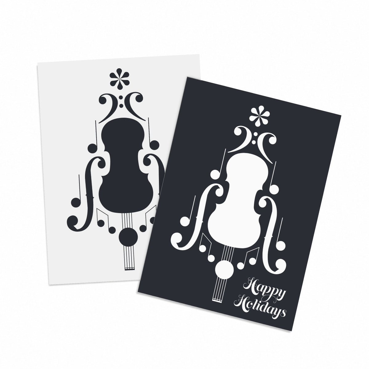 Black-on-white and white-on-black holiday cards featuring a string instrument graphic built from musical notation.