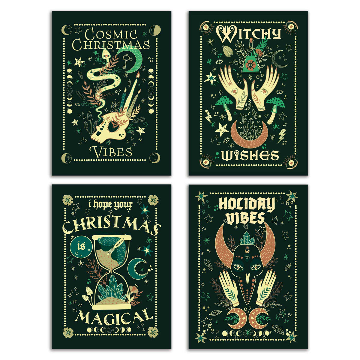 Set of 24 dark forest green Christmas cards with occult and witchy illustrated designs in cream and terracotta.