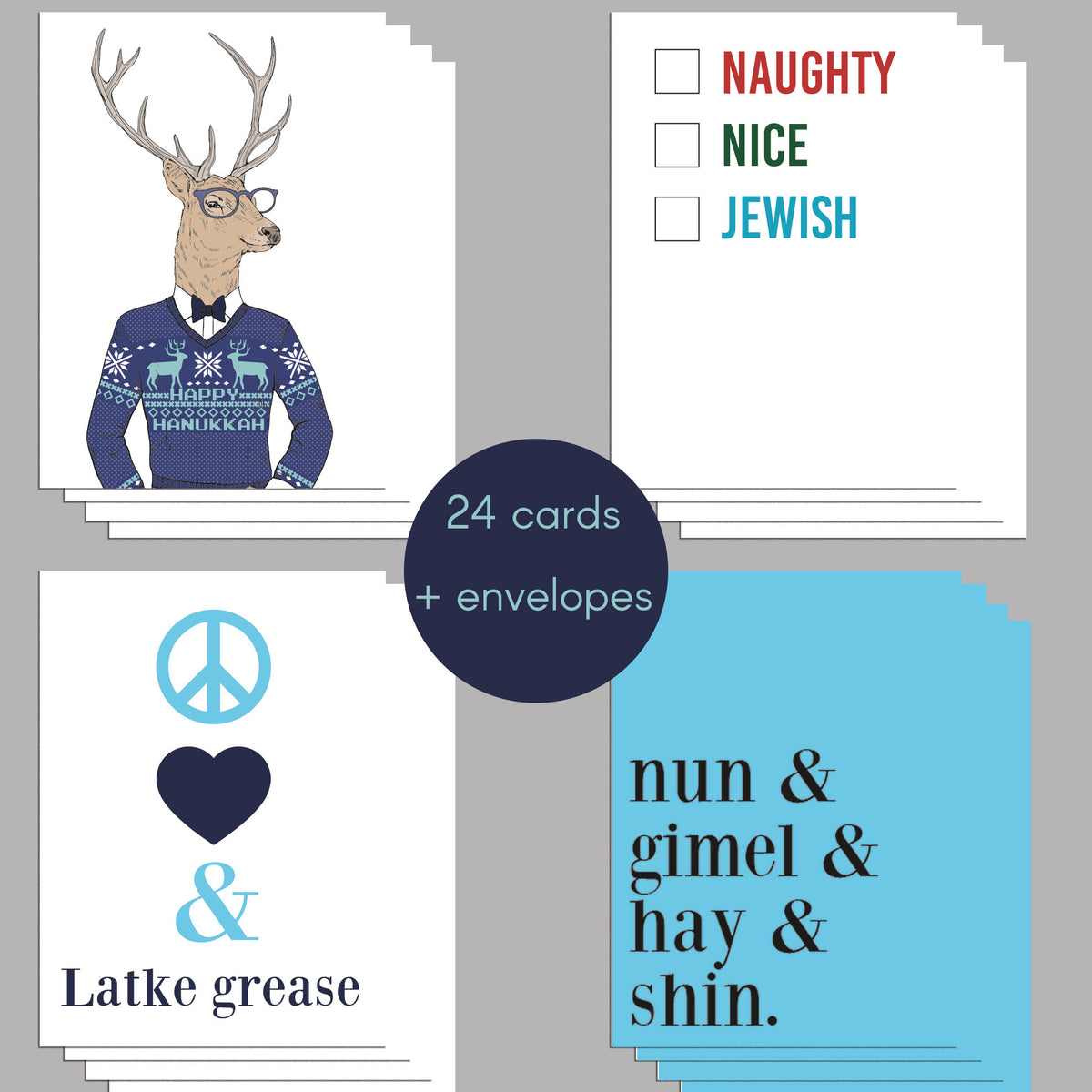 Funny Hanukkah Greeting Cards, Set of 24