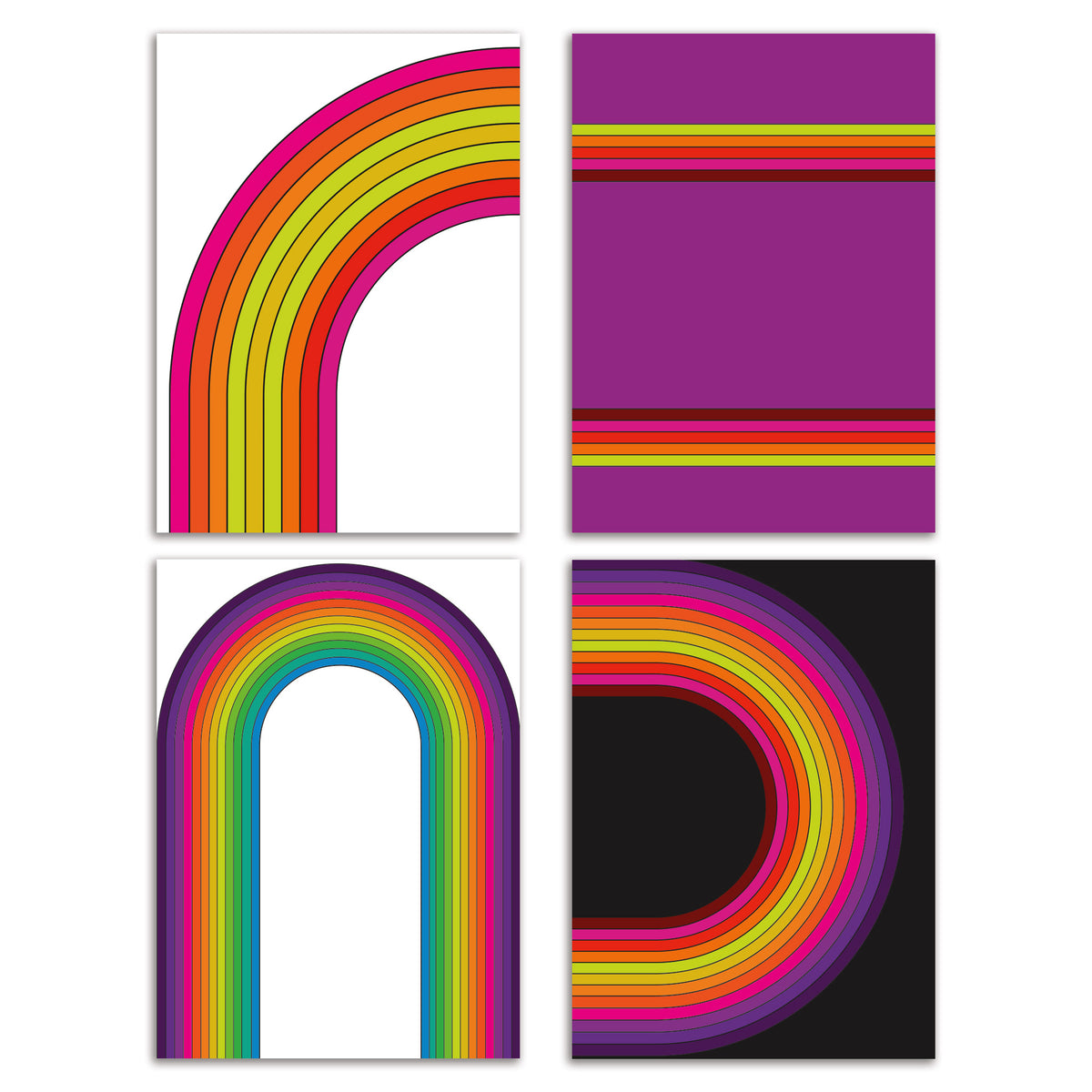 Retro Rainbow Cards, 24-card boxed set with four graphic arc and stripe designs in retro rainbow colors.