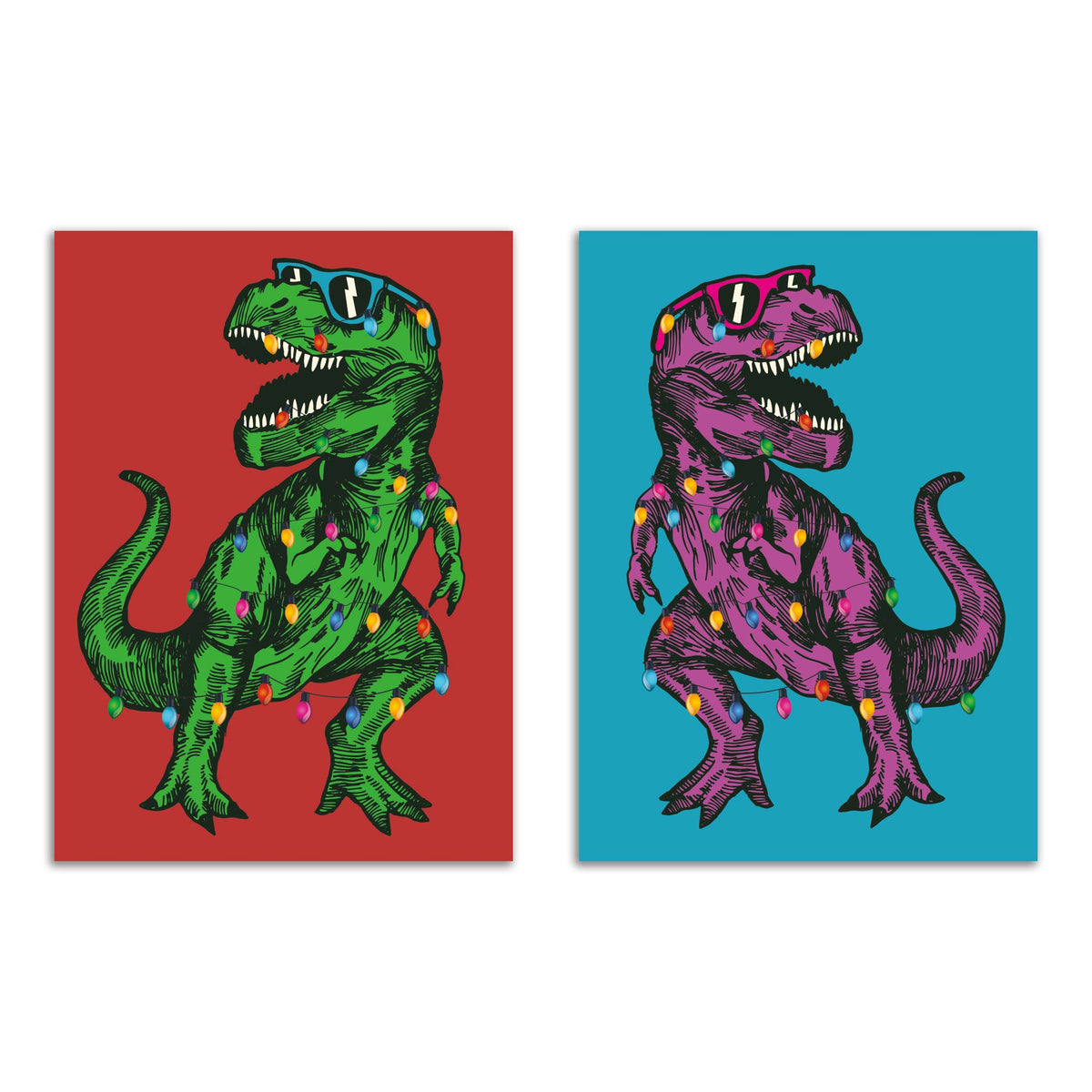 Dinosaur Christmas Cards, set of 24 with two engraving-style T-Rex designs on teal and red backgrounds.