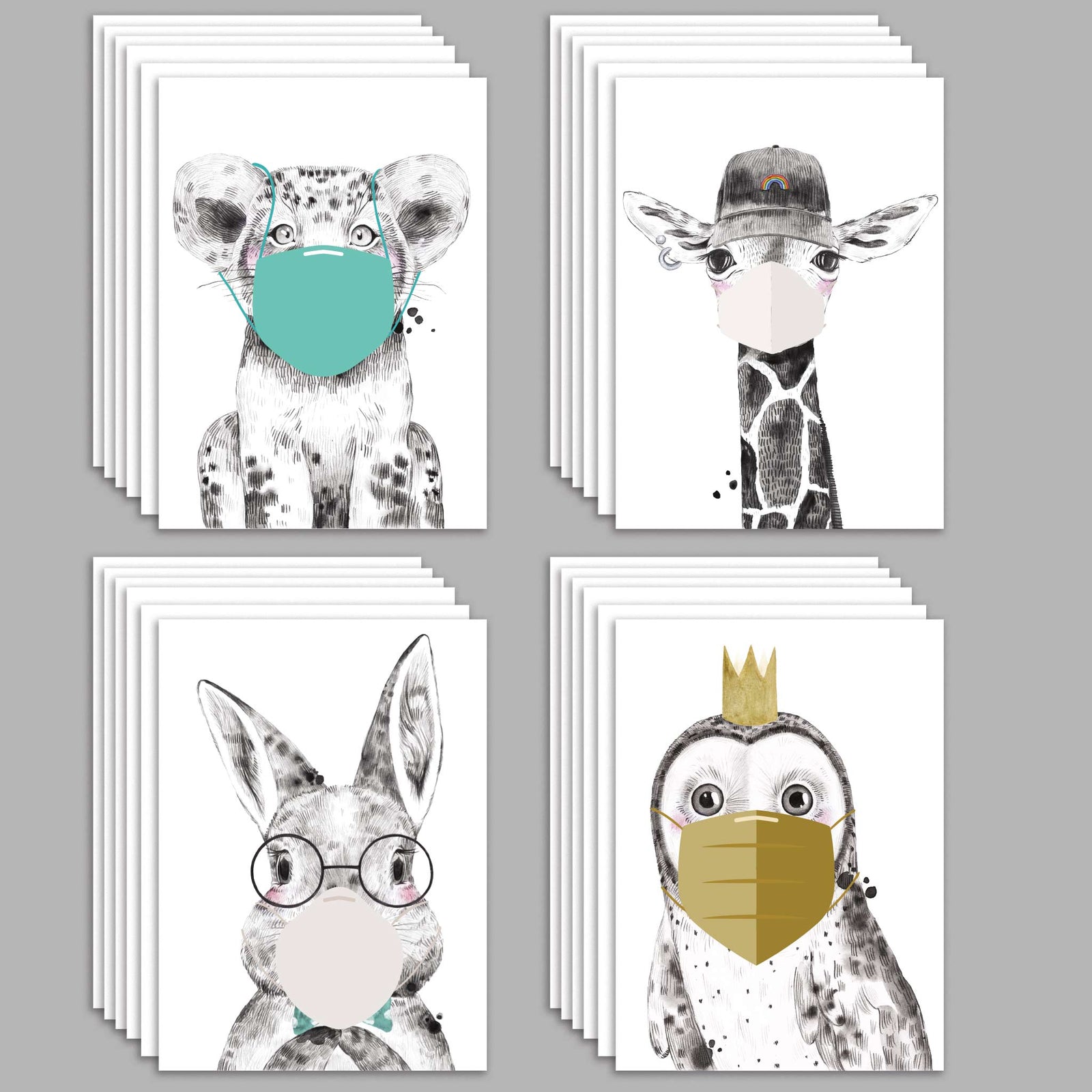 Quarantine Animals Greeting Cards, Set of 24
