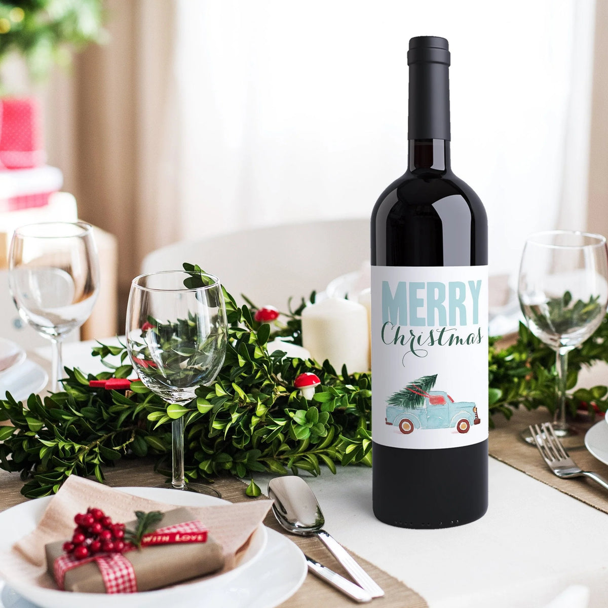 Vintage Tree and Truck Christmas Wine Labels, Pack of 4