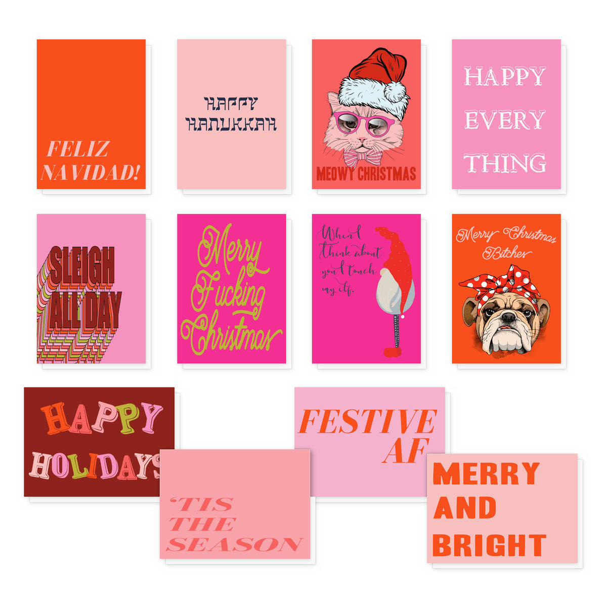 Pink Christmas card boxed set of 24 cards in 12 holiday designs, two of each, with mixed typography and illustrations.