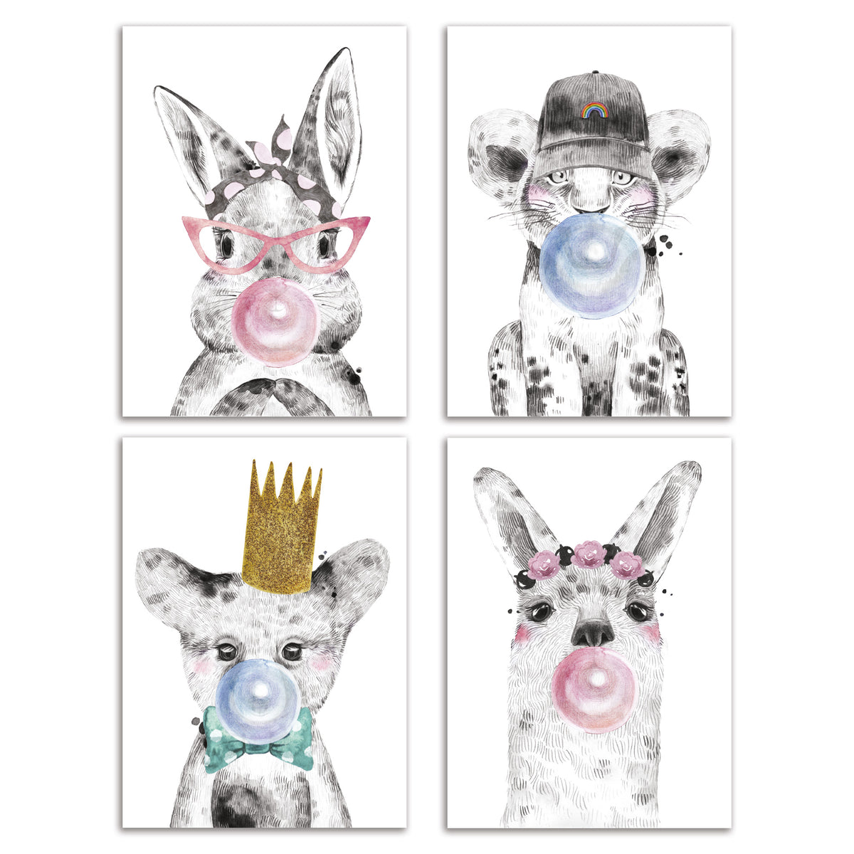Bubble Gum Baby Animal Greeting Cards, Set of 24