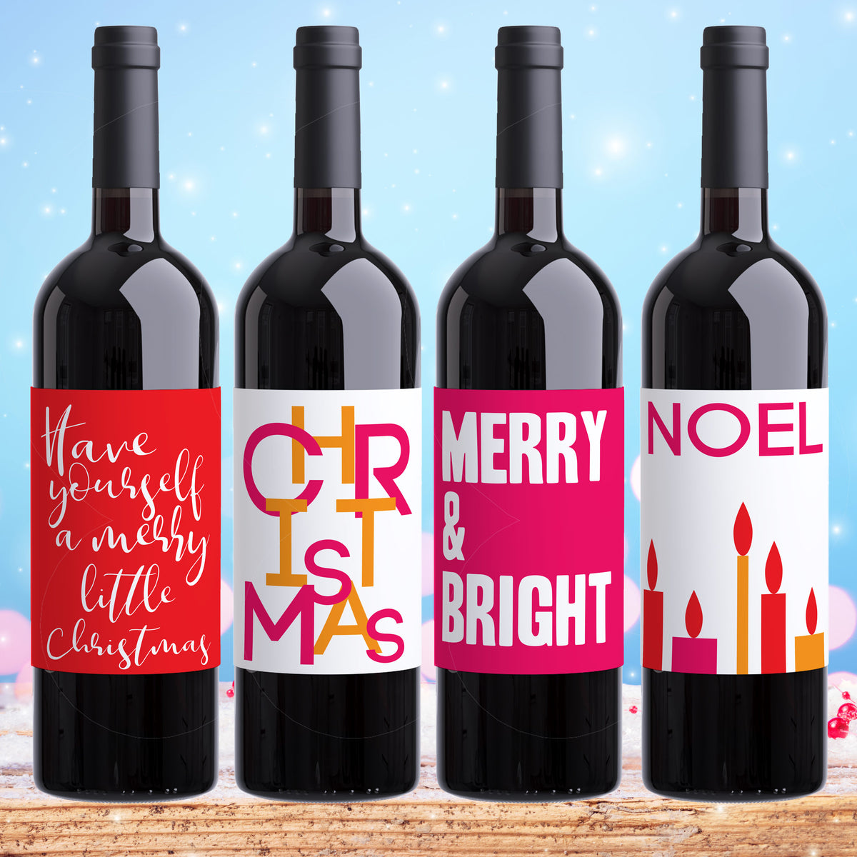 Modern Christmas Wine Labels, Pack of 4