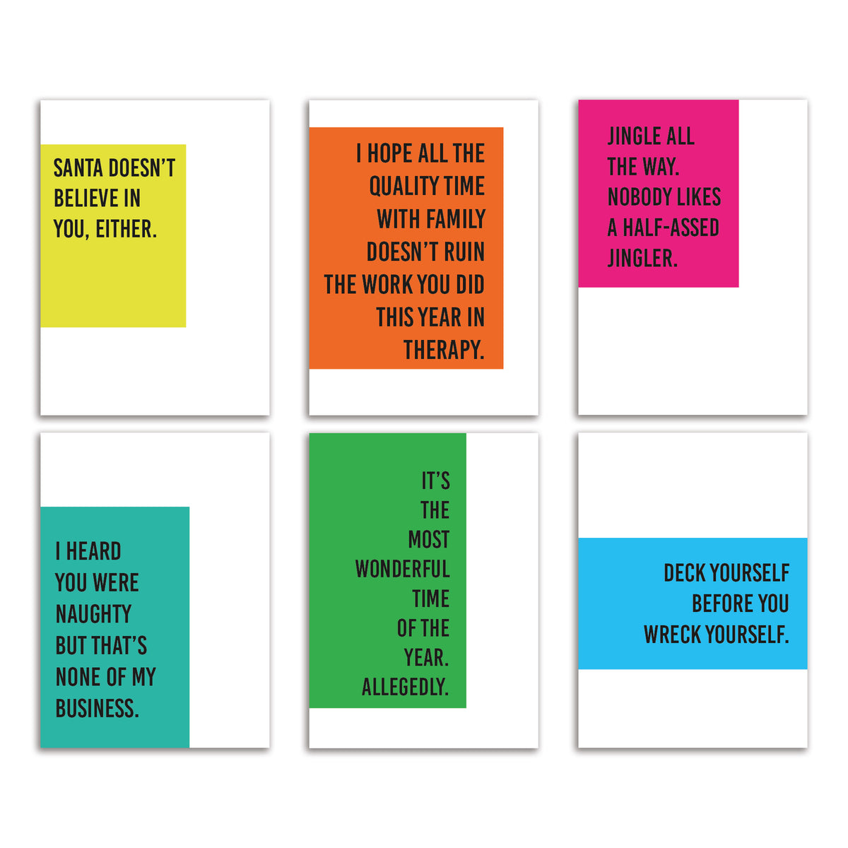 Set of 24 sarcastic Christmas cards in six text-only designs on white card stock with solid color blocks.