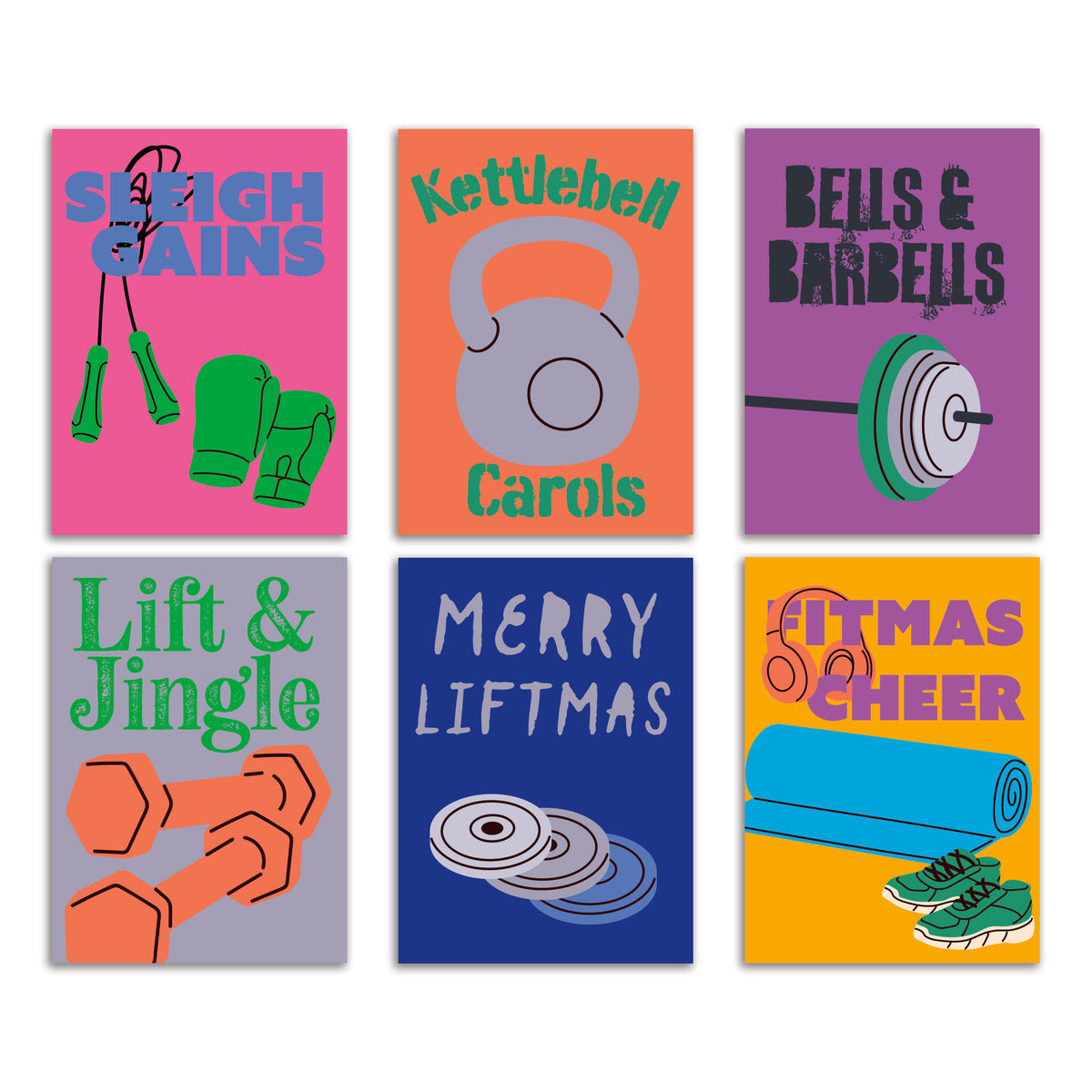 Fitness Christmas cards, set of 24, six gym pun designs on bright solid backgrounds with flat-color equipment illustrations.