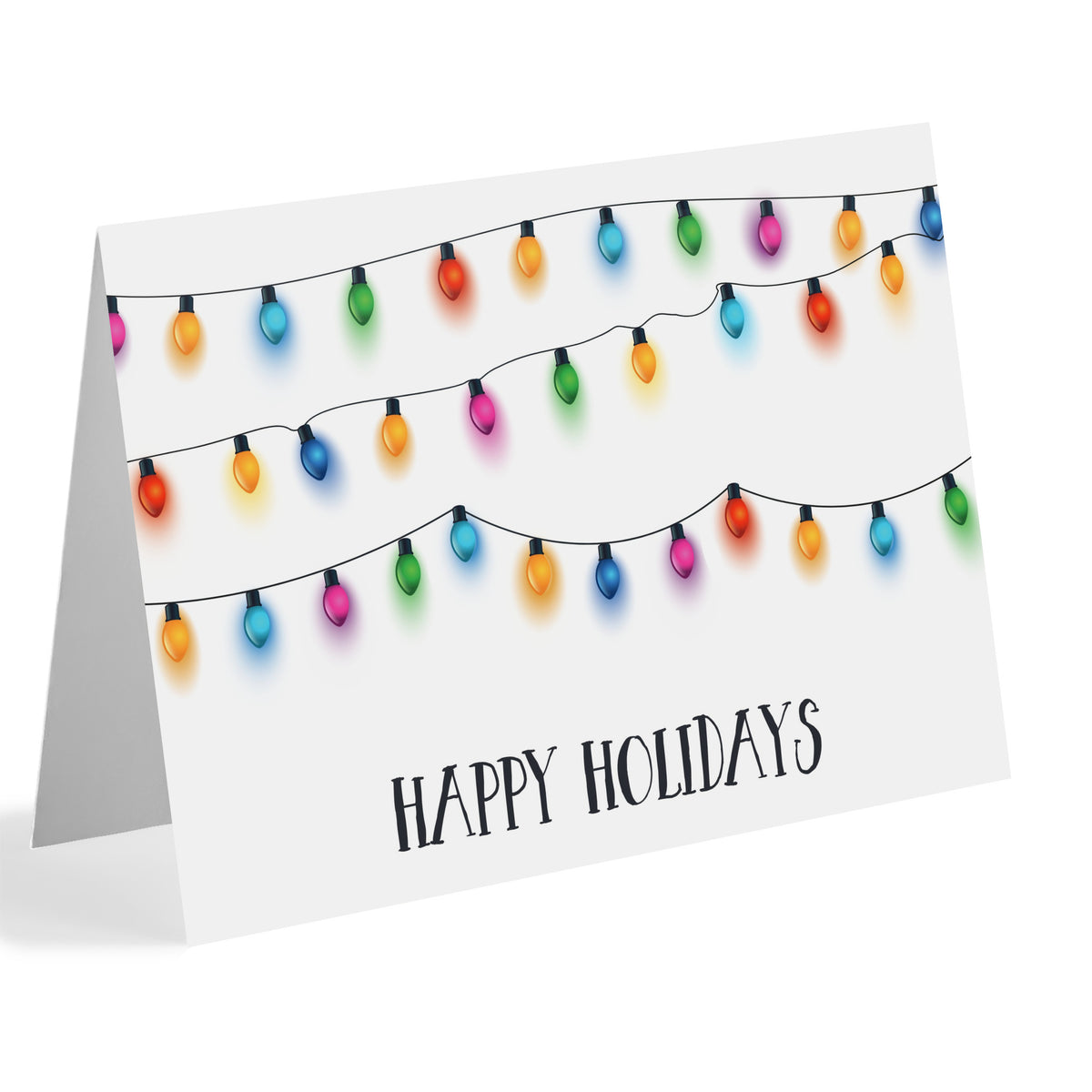 Landscape holiday card with three strands of multicolor string lights and "HAPPY HOLIDAYS" in dark navy text.