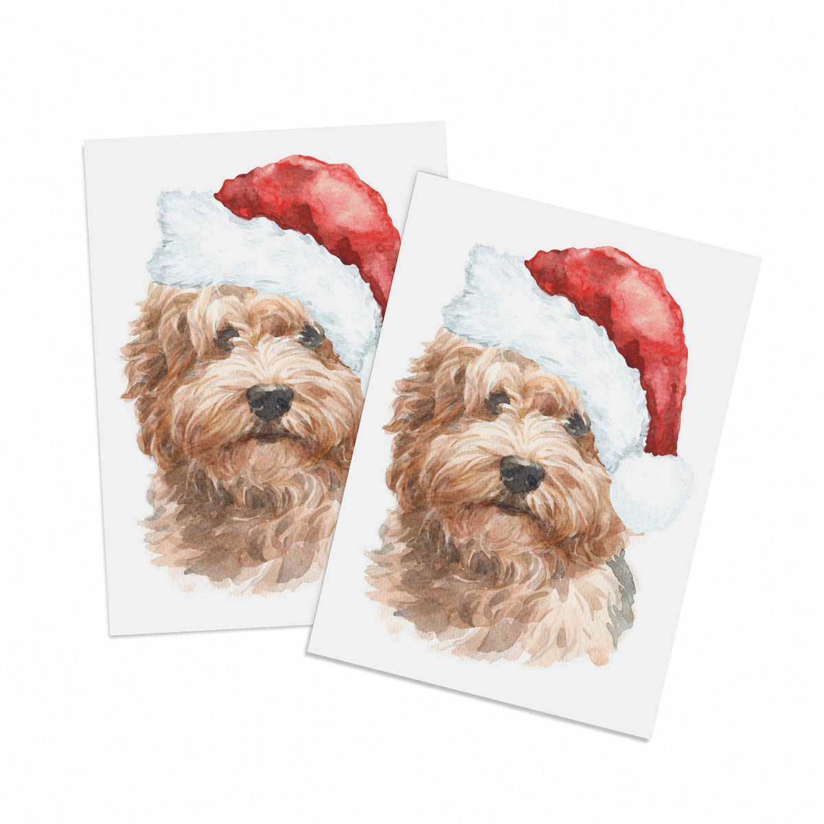 Labradoodle Christmas card with watercolor portrait of a curly-haired dog in a red Santa hat, white background, no text.