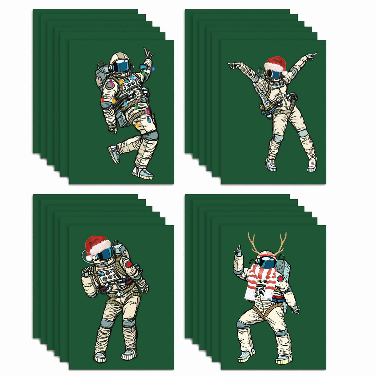 Illustrated astronaut holiday cards on dark green backgrounds, set of 24 with four designs.