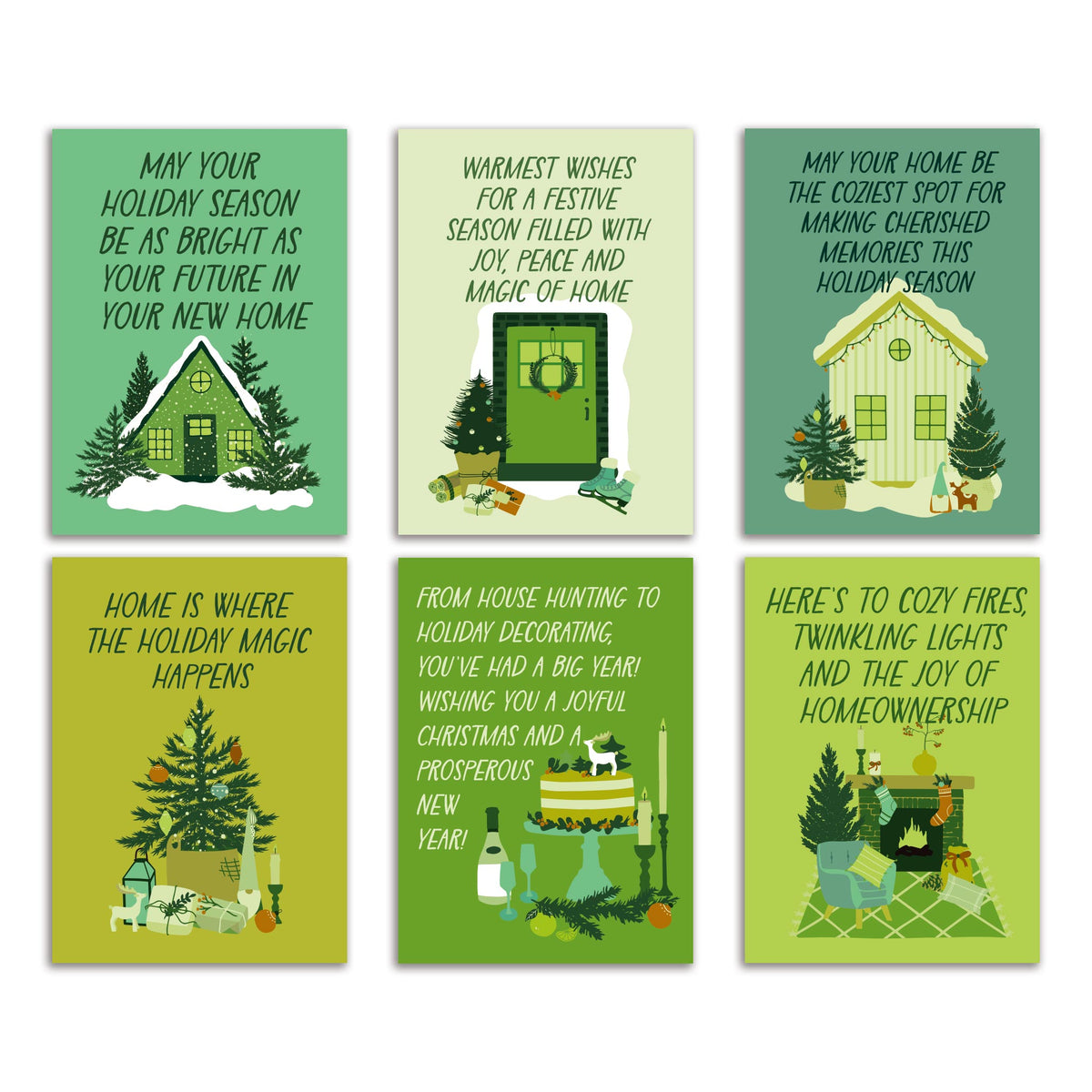Set of 24 Christmas cards for new homeowners, featuring 6 flat green-toned designs, 4 cards each.