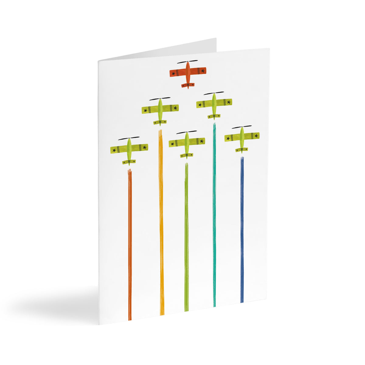 Boxed set of 24 cards featuring six propeller planes in V-formation trailing colored smoke streams.