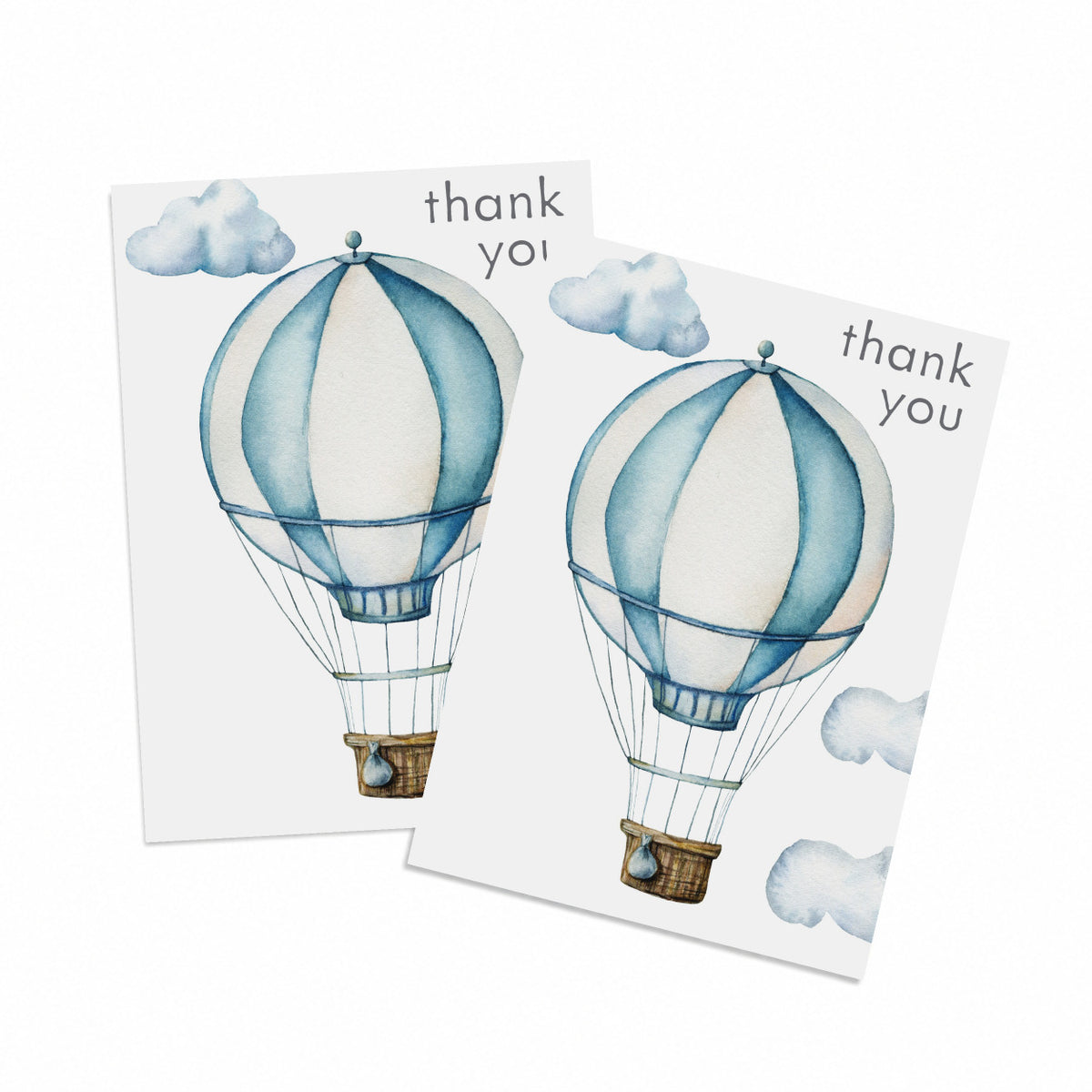 Hot Air Balloon Thank You Cards, boxed set of 24, watercolor balloon illustration with clouds, charcoal "thank you" text.
